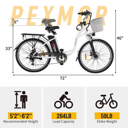 Pexmor Electric Bike For Adults 350W, Peak 500W City Commuter Ebike 36V 12.5Ah Removable Battery 26 In. Cruiser Electric Bicycle Shimano 6-Speed