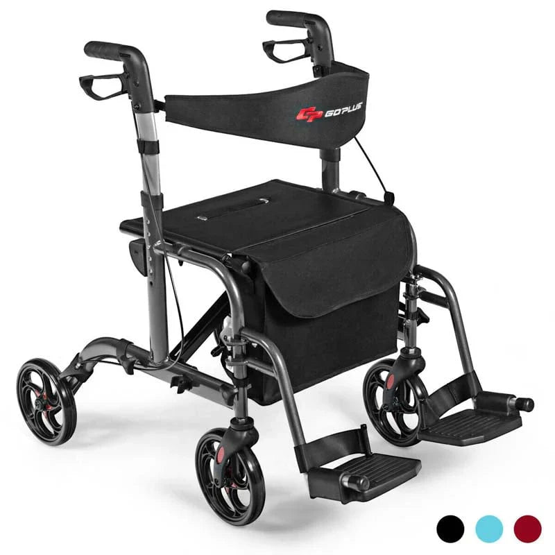2-in-1 Rollator Walker Wheelchair Folding Medical Walker Aluminum Transport Chair Mobility Walking Aid- Comfortable And Ergonomic Design