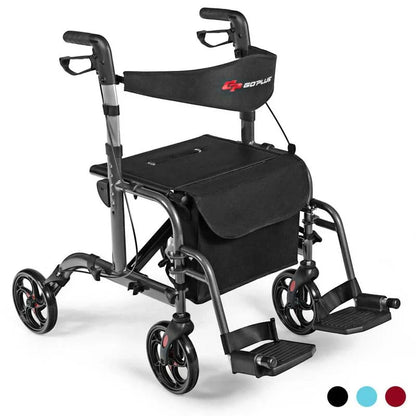2-in-1 Rollator Walker Wheelchair Folding Medical Walker Aluminum Transport Chair Mobility Walking Aid- Comfortable And Ergonomic Design