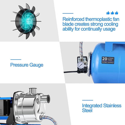 1.6HP Shallow Well Pump With Pressure Tank 1268 Gph Stainless Steel Jet Pump Transfer Drainage Booster Pump Garden Sprinkler System Water Pump