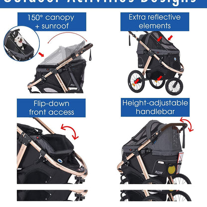Jogging Sports Stroller With Comfort Rubber Wheels/Zipper-Less Entry/1-Hand Quick Fold/Aluminum Frame For Small/Medium Dogs Cats And Pets, Green Camo