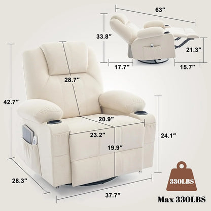 Oversized Swivel Rocker Recliner Chair With Heat And Massage, 360 Degree Swivel Rocking Single Sofa With Cup Holders And USB Port