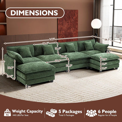 Ihanherry 146 In. U-Shaped Modern Sofa Modular Sectional Cloud Couch With 2 Ottoman