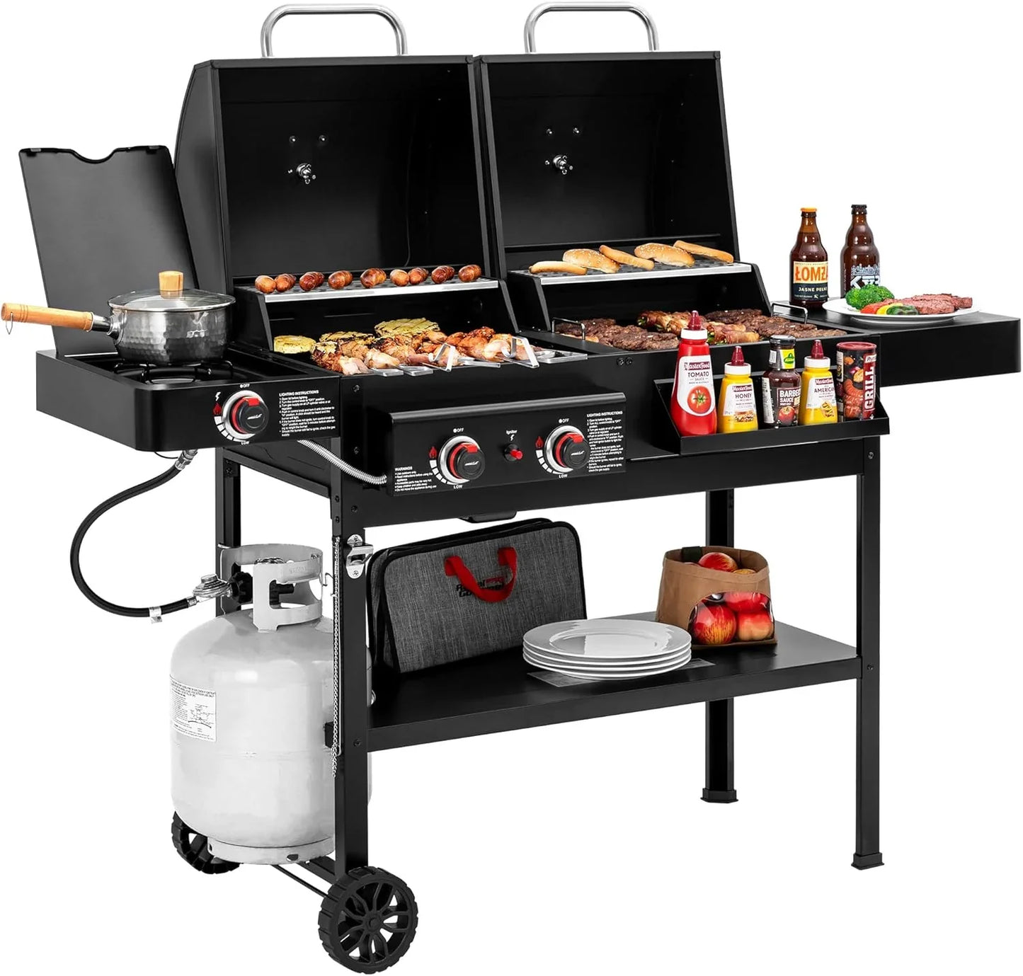 2-Burner Gas And Charcoal Grill Combo With Offset Smoker And Side Burner, 34,000 BTU Dual