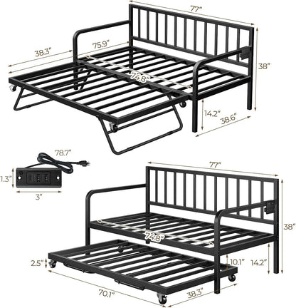 Rolanstar Daybed With Charging Station And LED Lights, Height Adjustable Twin Daybed With Trundle, Metal Sofa Bed Frame With Steel Slat Support