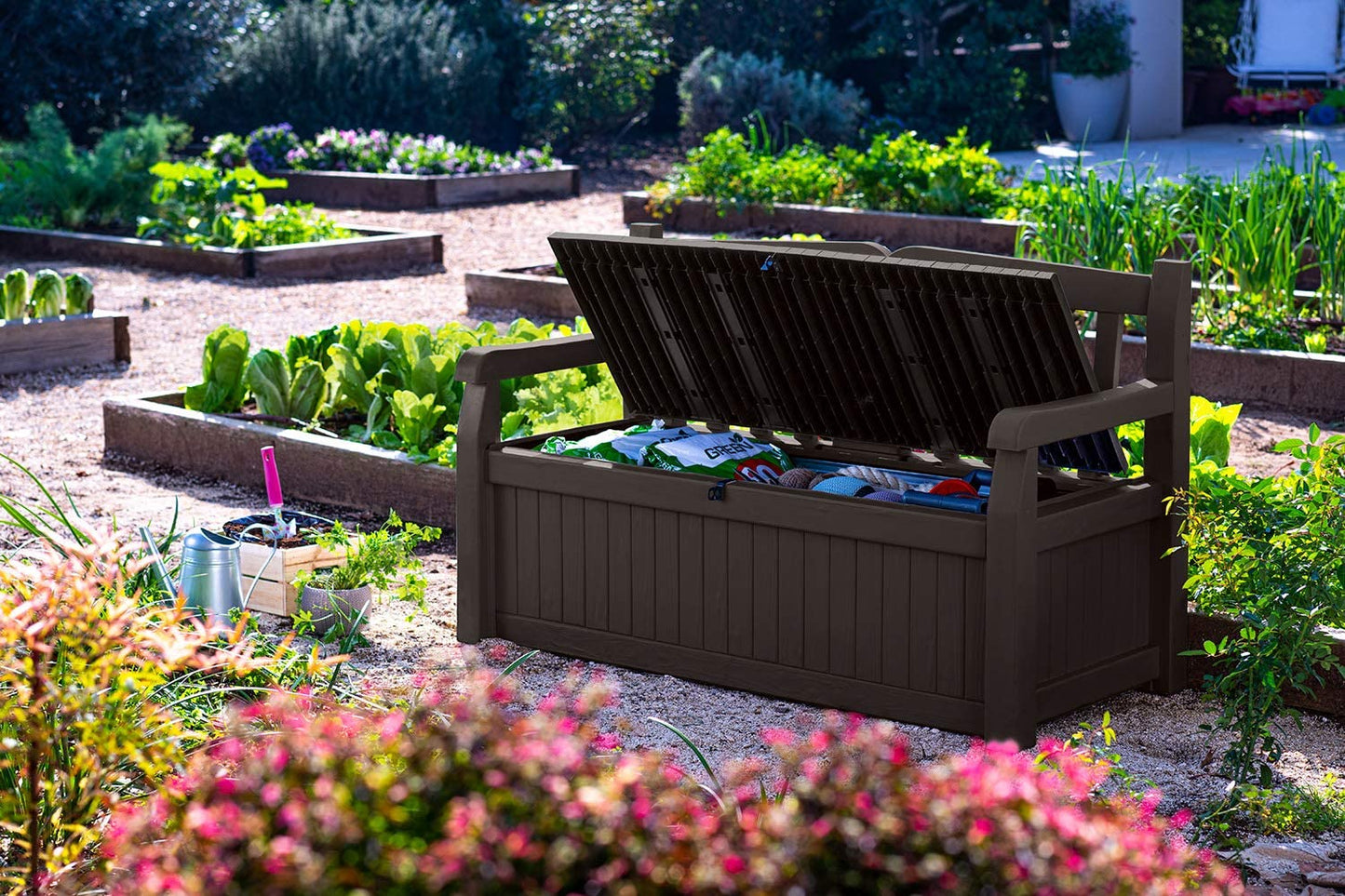 Keter Solana 70 Gallon Storage Bench Deck Box For Patio Furniture, Front Porch Decor And Outdoor Seating