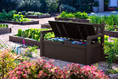 Keter Solana 70 Gallon Storage Bench Deck Box For Patio Furniture, Front Porch Decor And Outdoor Seating