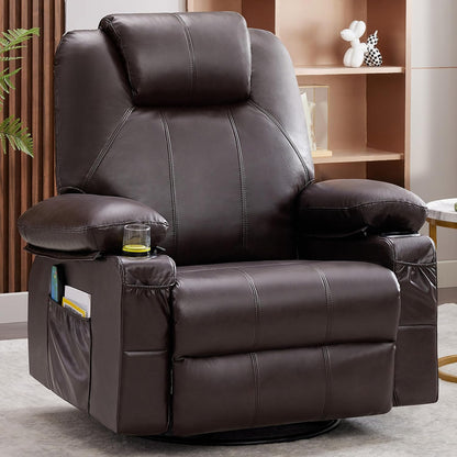 Oversized Swivel Rocker Recliner Chair With Heat And Massage, 360 Degree Swivel Rocking Single Sofa With Cup Holders And USB Port