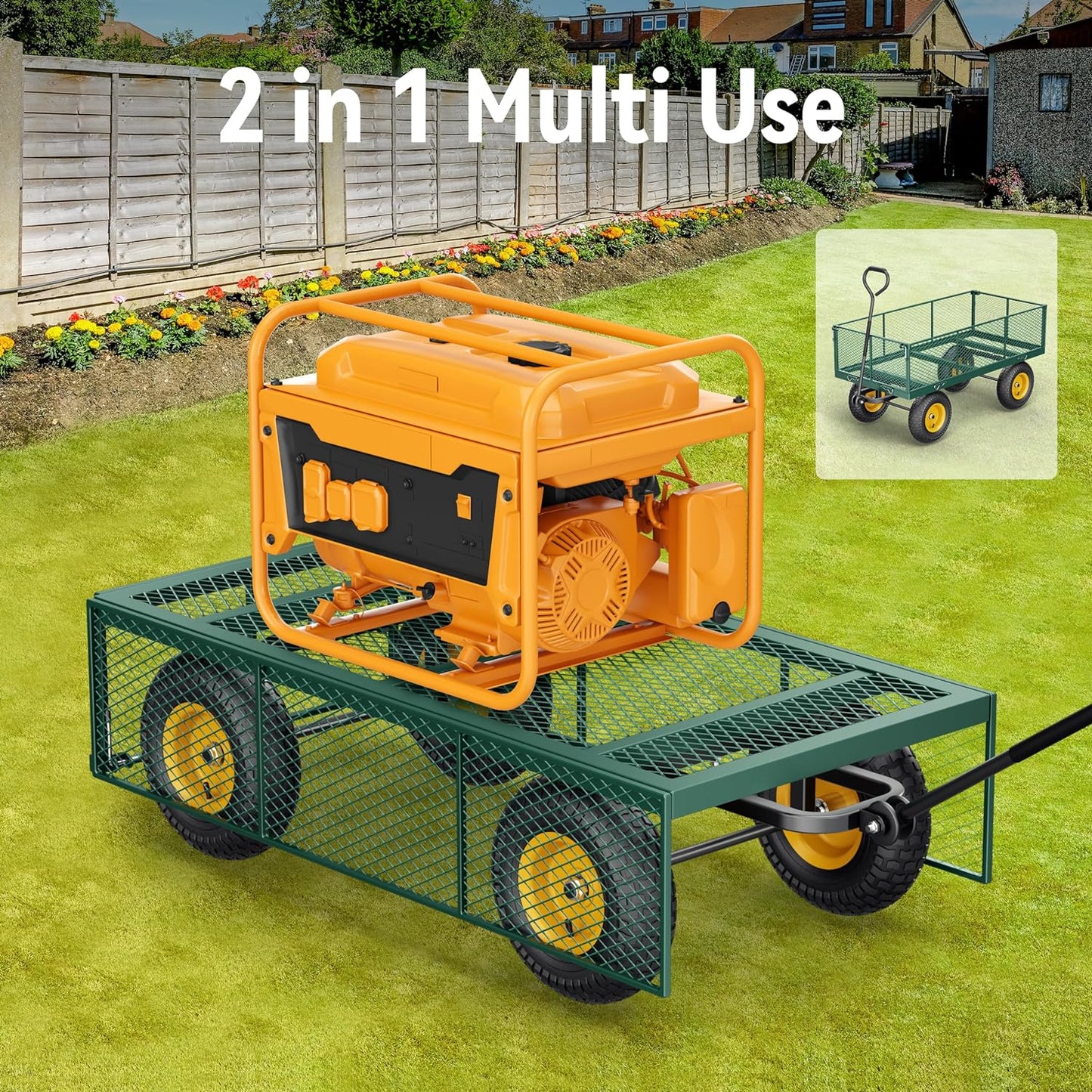 Steel Garden Cart 2-in-1 1400 Lbs Heavy Duty Utility Wagon With Removable Mesh Sides To Convert Into Flatbed 240 U-Turn 13 In. Pneumatic Tires