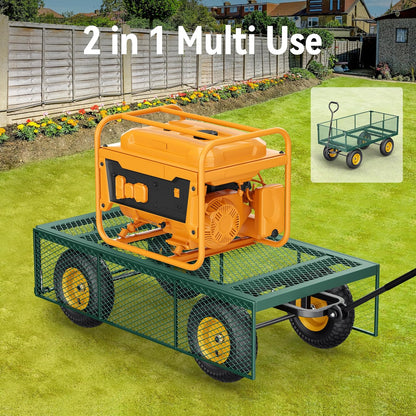 Steel Garden Cart 2-in-1 1400 Lbs Heavy Duty Utility Wagon With Removable Mesh Sides To Convert Into Flatbed 240 U-Turn 13 In. Pneumatic Tires