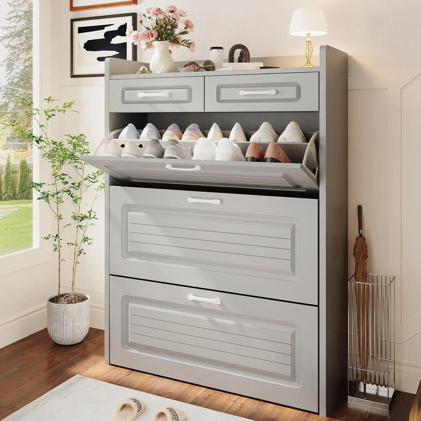 Shoe Cabinet With 3 Large Flip Drawers And 2 Storage Drawers, Narrow Shoe Organizer Cabinet Fits