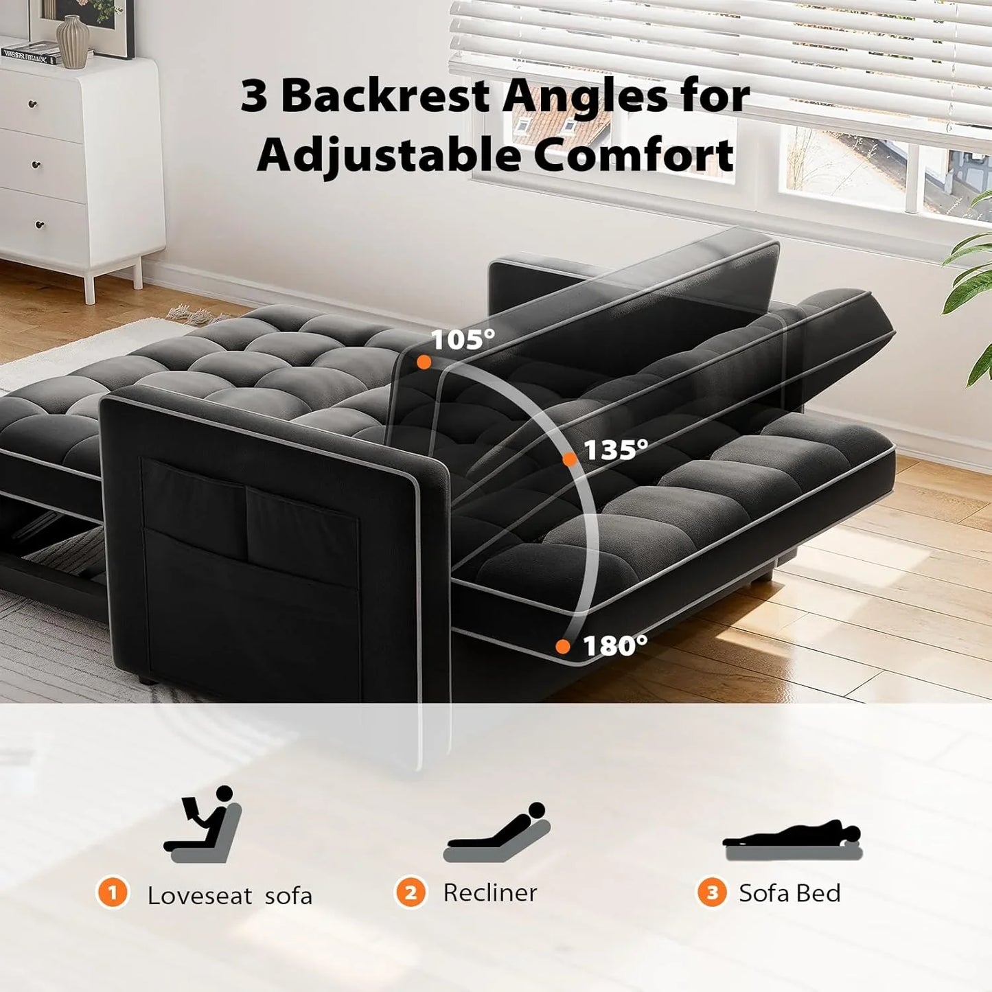 Pipishell 3-in-1 Convertible Sleeper Sofa Bed, Pull Out Couch For Living Room With USB Ports And Side Pockets, Adjustable Backrest, Velvet