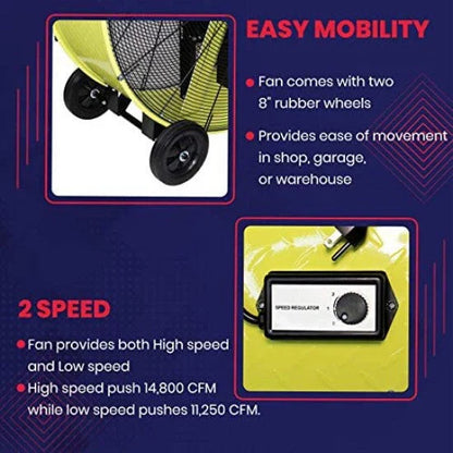 K Tool International 42 In. Belt Drive Drum Fan, Industrial, Garage, Shop, High Speed 2-Speed, Cut-Off Protection, Easy Mobility Rubber Wheels