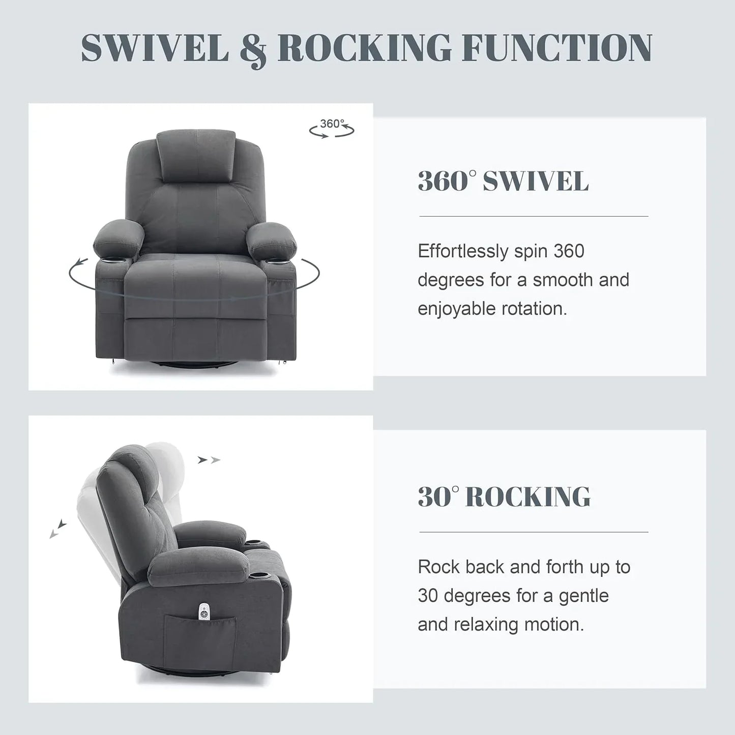 Oversized Swivel Rocker Recliner Chair With Heat And Massage, 360 Degree Swivel Rocking Single Sofa With Cup Holders And USB Port