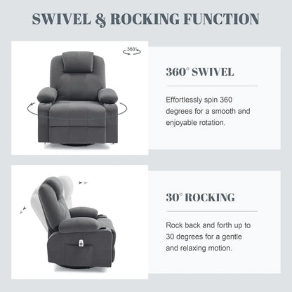 Oversized Swivel Rocker Recliner Chair With Heat And Massage, 360 Degree Swivel Rocking Single Sofa With Cup Holders And USB Port