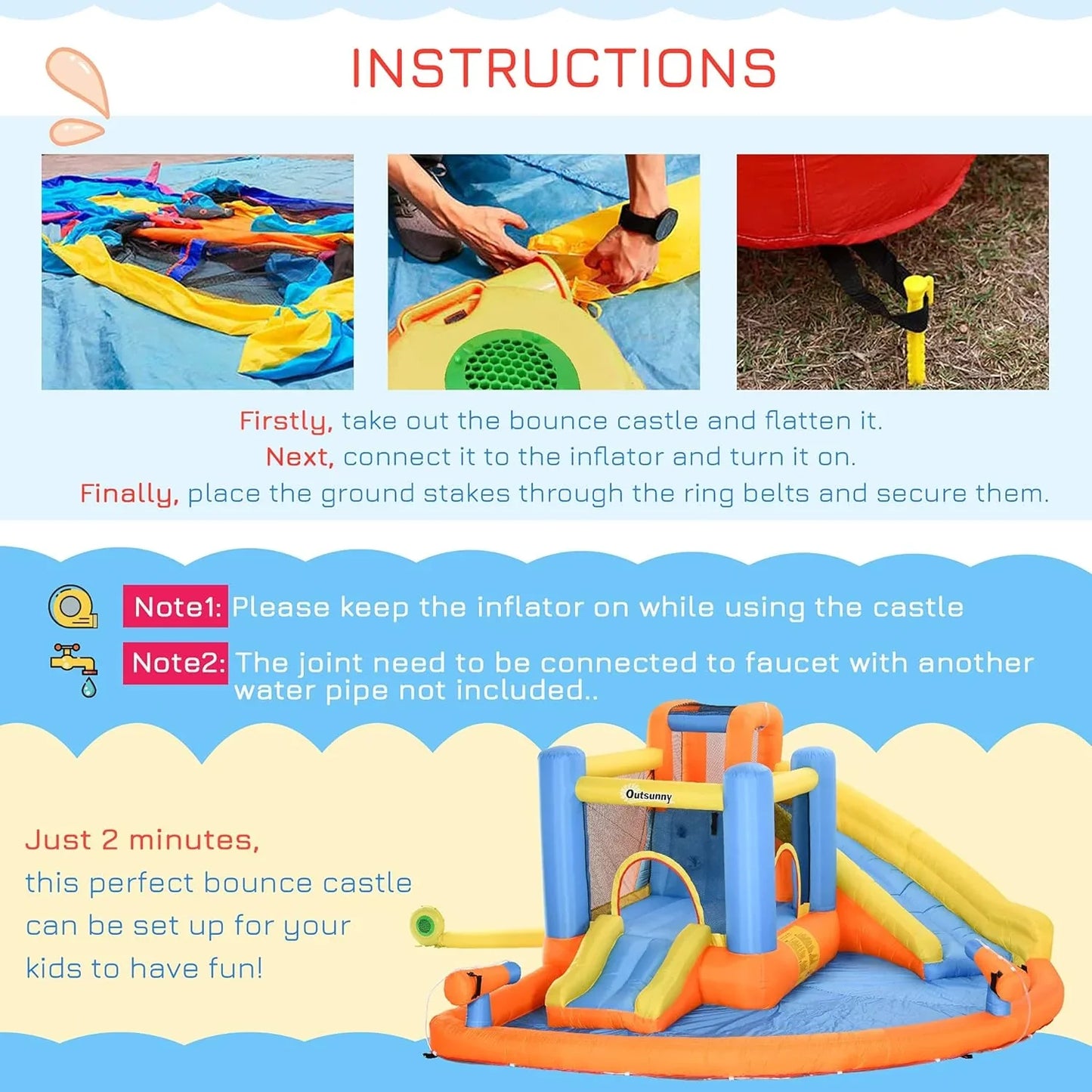 Kids Inflatable Water Slide 5-in-1 Bounce House Water Park Jumping Castle With Water Pool, Slide, Climbing Walls, And 2 Water Cannons, 450W Air Blower
