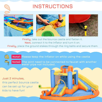 Kids Inflatable Water Slide 5-in-1 Bounce House Water Park Jumping Castle With Water Pool, Slide, Climbing Walls, And 2 Water Cannons, 450W Air Blower