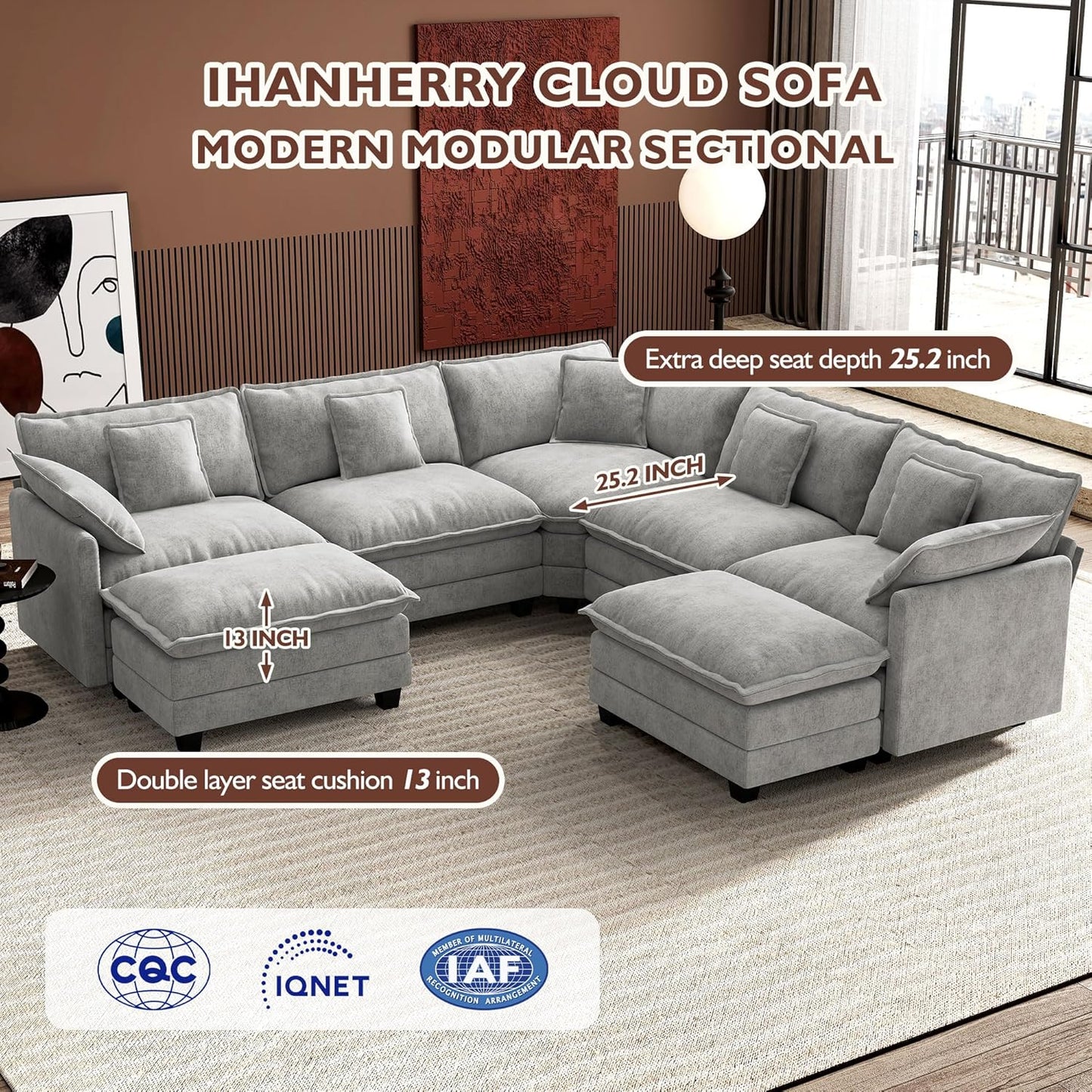 Ihanherry 146 In. U-Shaped Modern Sofa Modular Sectional Cloud Couch With 2 Ottoman