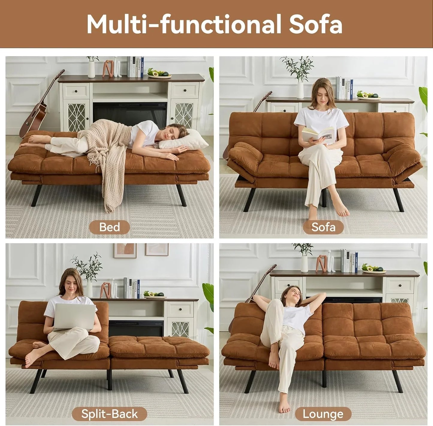 Amazon Basics Brown Loveseat, Convertible Couch Memory Foam Futon Sofa Bed Modern Sleeper Sofa For Small Compact Living Room, Office, Apartment