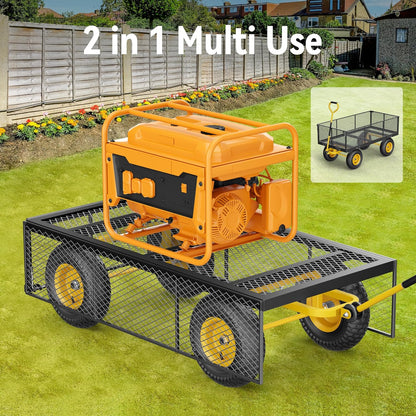 Steel Garden Cart 2-in-1 1400 Lbs Heavy Duty Utility Wagon With Removable Mesh Sides To Convert Into Flatbed 240 U-Turn 13 In. Pneumatic Tires