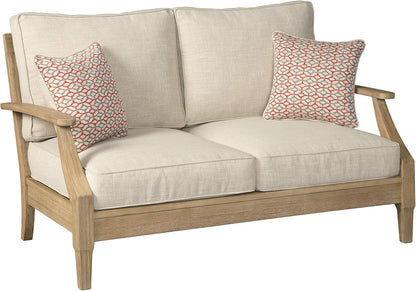 Signature Design By Ashley Clare View Coastal Outdoor Patio Eucalyptus Sofa With Cushions, Beige