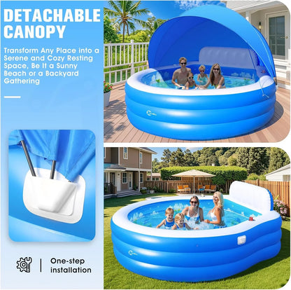 Upgraded Inflatable Pool With Canopy, Inflatable Family Lounge Pool, Round Blow Up Pool For Adult With Bench And Backrest