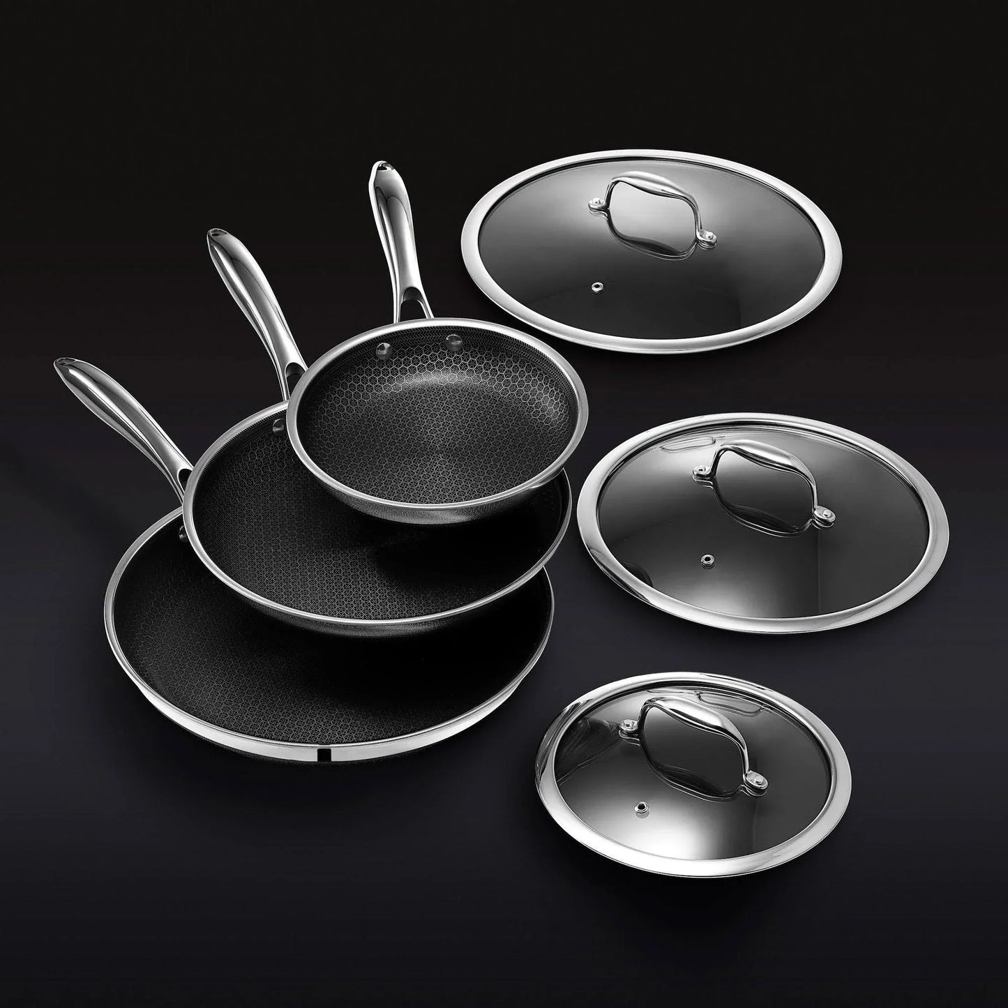 HexClad 6 Piece Hybrid Stainless Steel Cookware Pan Set 8 In. 10 In. 12 In. With Glass Lids Size, One Size Black