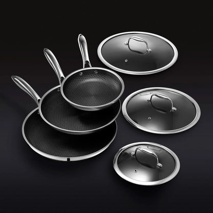 HexClad 6 Piece Hybrid Stainless Steel Cookware Pan Set 8 In. 10 In. 12 In. With Glass Lids Size, One Size Black