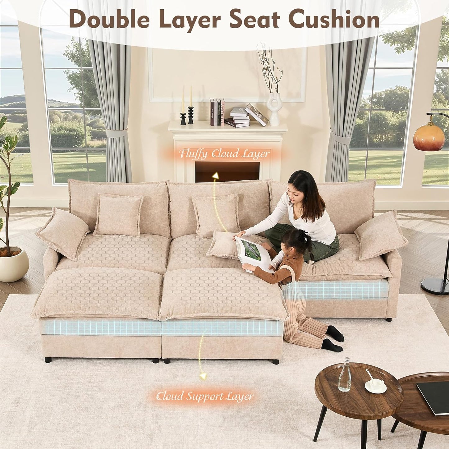 108 In. U Shape Sofa Sectional Sofa Comfortable Cloud Sofa With Removable Footstool