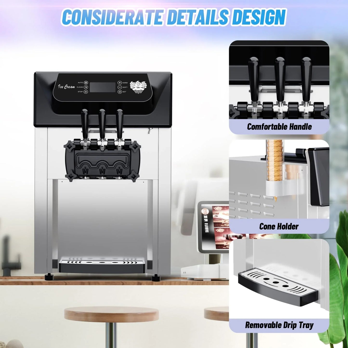 2200W Commercial Ice Cream Machine, 3 Flavor Soft Serve Ice Cream Machine, 5.3-7.4 Gal/Hr, With LCD Touch Screen, Automatic Cleaning