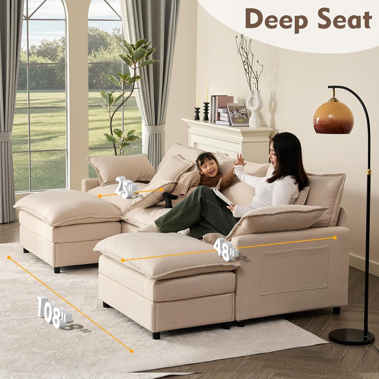 108 In. U Shape Sofa Sectional Sofa Comfortable Cloud Sofa With Removable Footstool
