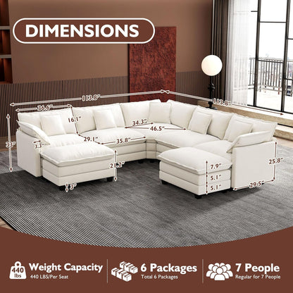 Ihanherry 146 In. U-Shaped Modern Sofa Modular Sectional Cloud Couch With 2 Ottoman