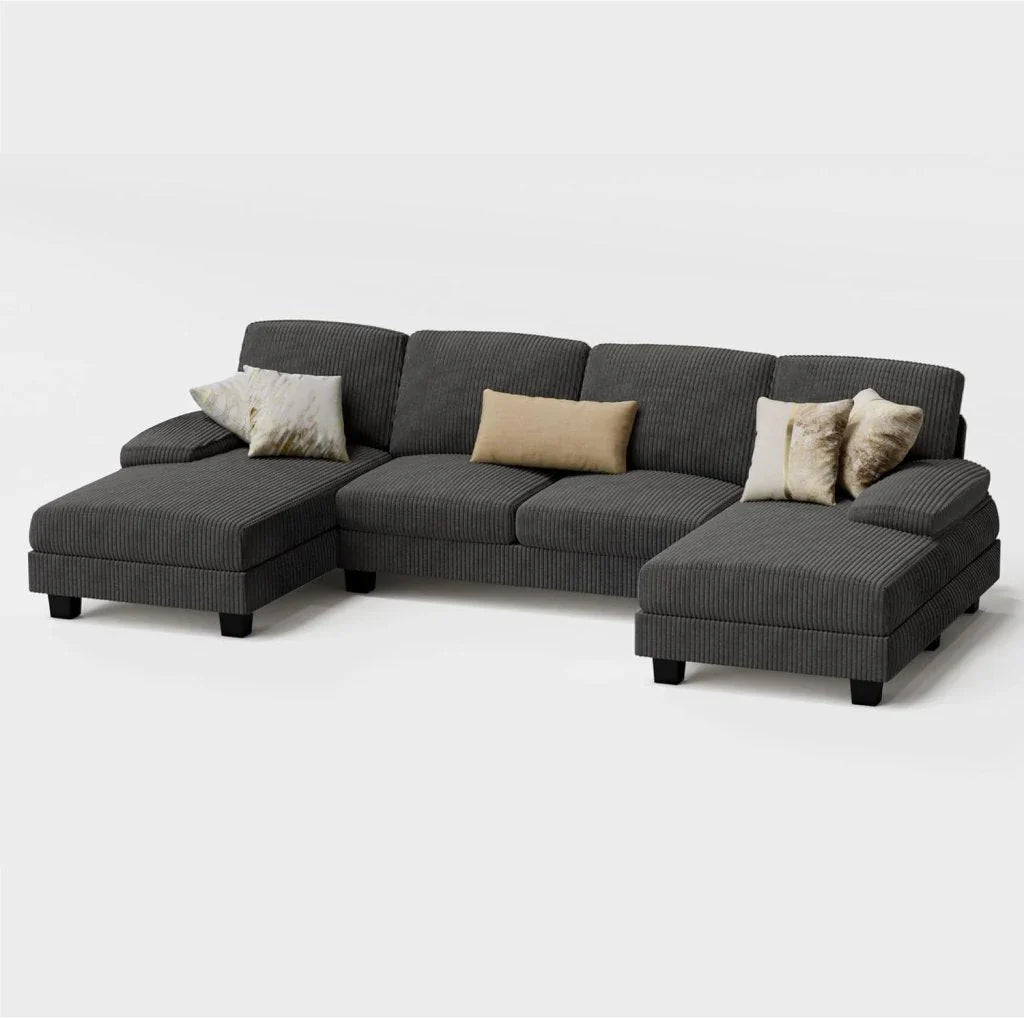 Furmax Sectional Couches For Living Room, U-Shaped Sofa Couch With Linen Fabric, 4 Seat Sofa Set With Double Chaise For Apartment, Fabric, Grey