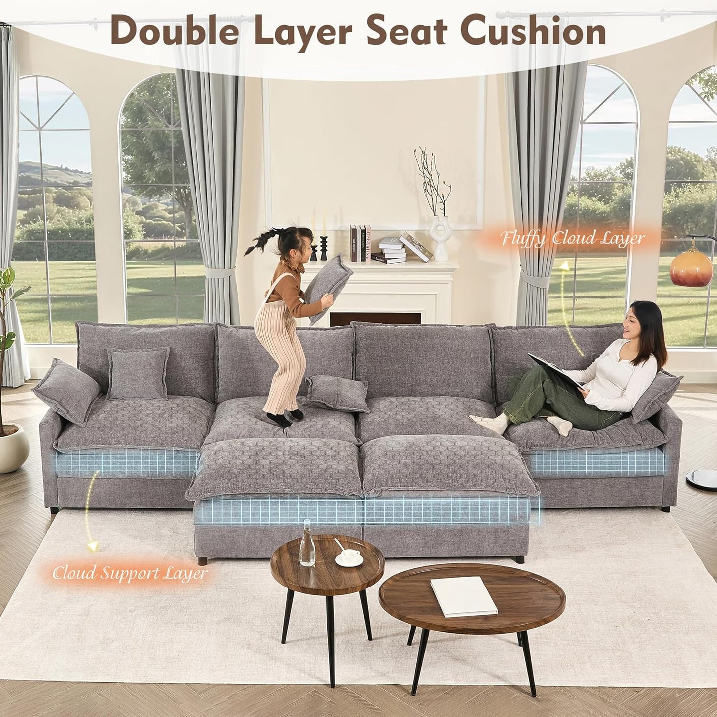 108 In. U Shape Sofa Sectional Sofa Comfortable Cloud Sofa With Removable Footstool