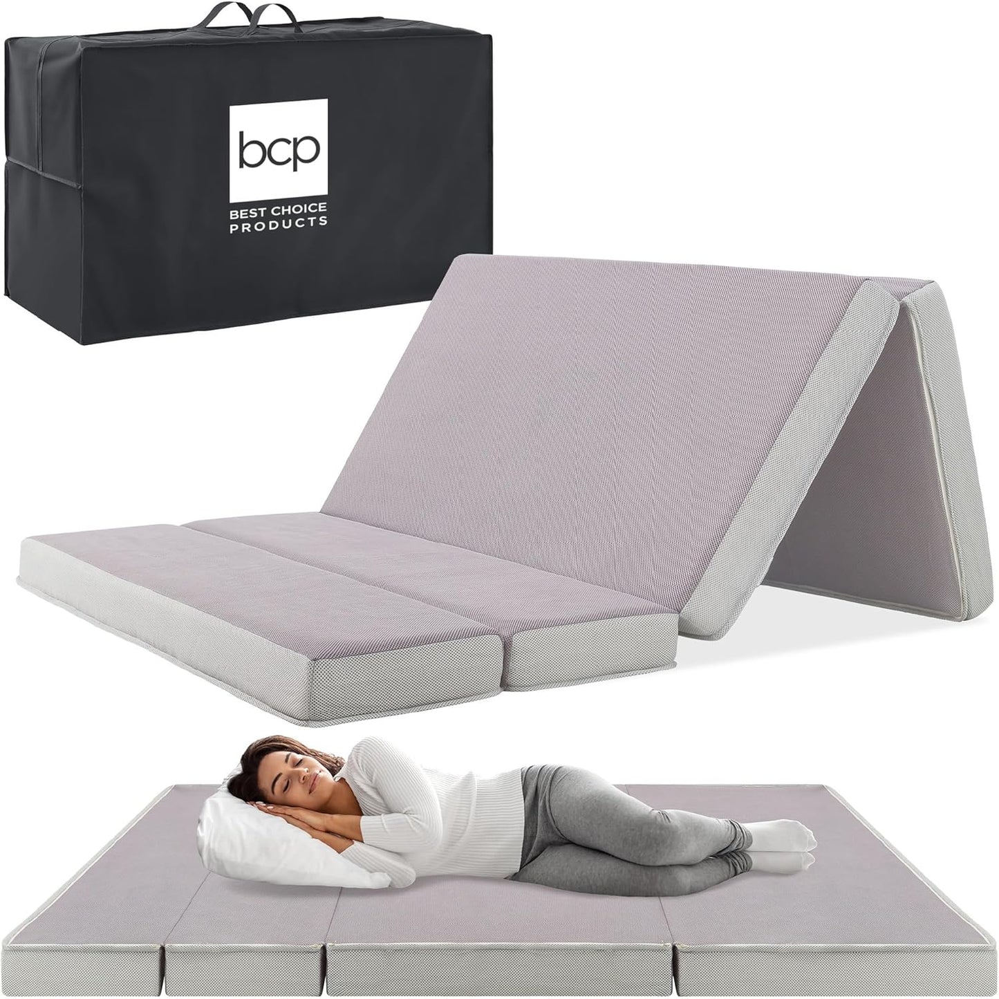 Best Choice Products 4 In. Portable Queen-Size Mattress, Tri-Fold Mattress For Camping, Guest, Toddler, Foam Plush w/Carry Case- Grey