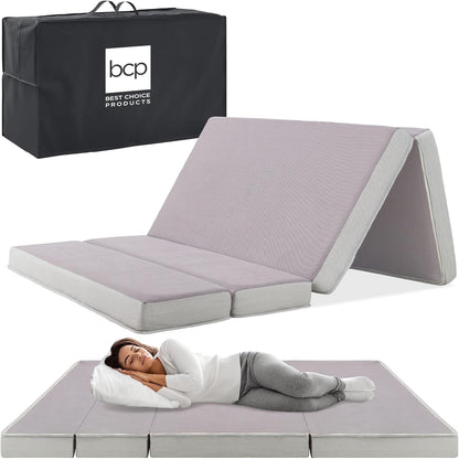 Best Choice Products 4 In. Portable Queen-Size Mattress, Tri-Fold Mattress For Camping, Guest, Toddler, Foam Plush w/Carry Case- Grey