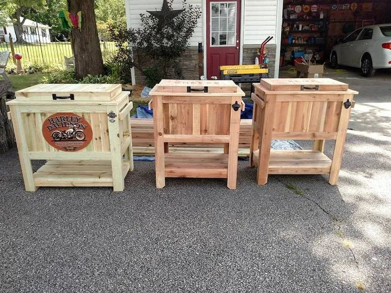 All Weather 48 Quart Antiqued Cedar Cooler Stand With Brass Drain, Bottle Opener And Cap Catcher, Beer Cooler