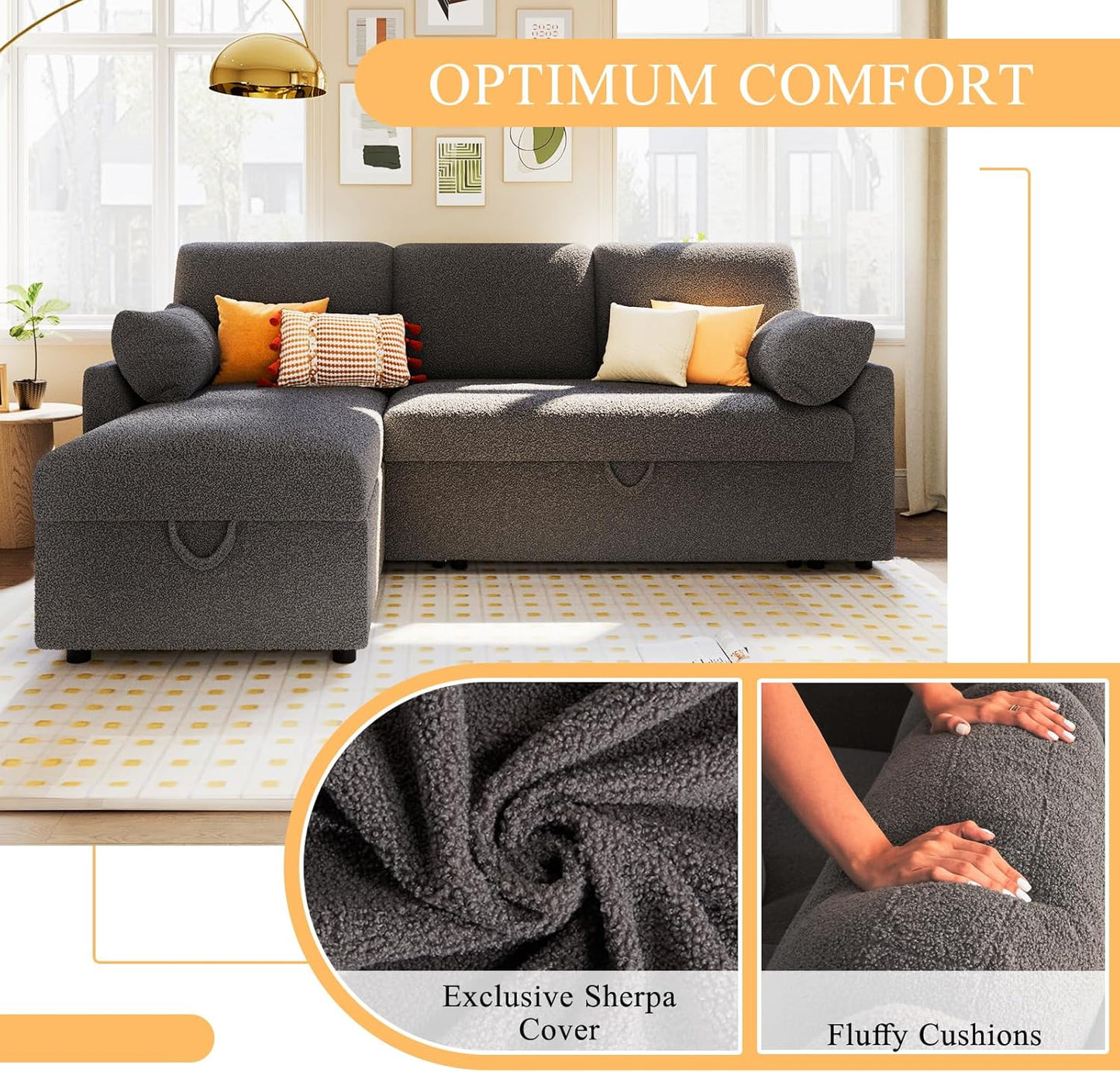 VanAcc Sofa Bed, Sleeper Sofa With Storage Chaise 2-in-1 Pull Out Couch Living Room