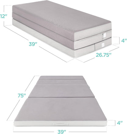 Best Choice Products 4 In. Portable Queen-Size Mattress, Tri-Fold Mattress For Camping, Guest, Toddler, Foam Plush w/Carry Case- Grey