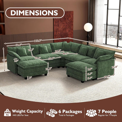 Ihanherry 146 In. U-Shaped Modern Sofa Modular Sectional Cloud Couch With 2 Ottoman