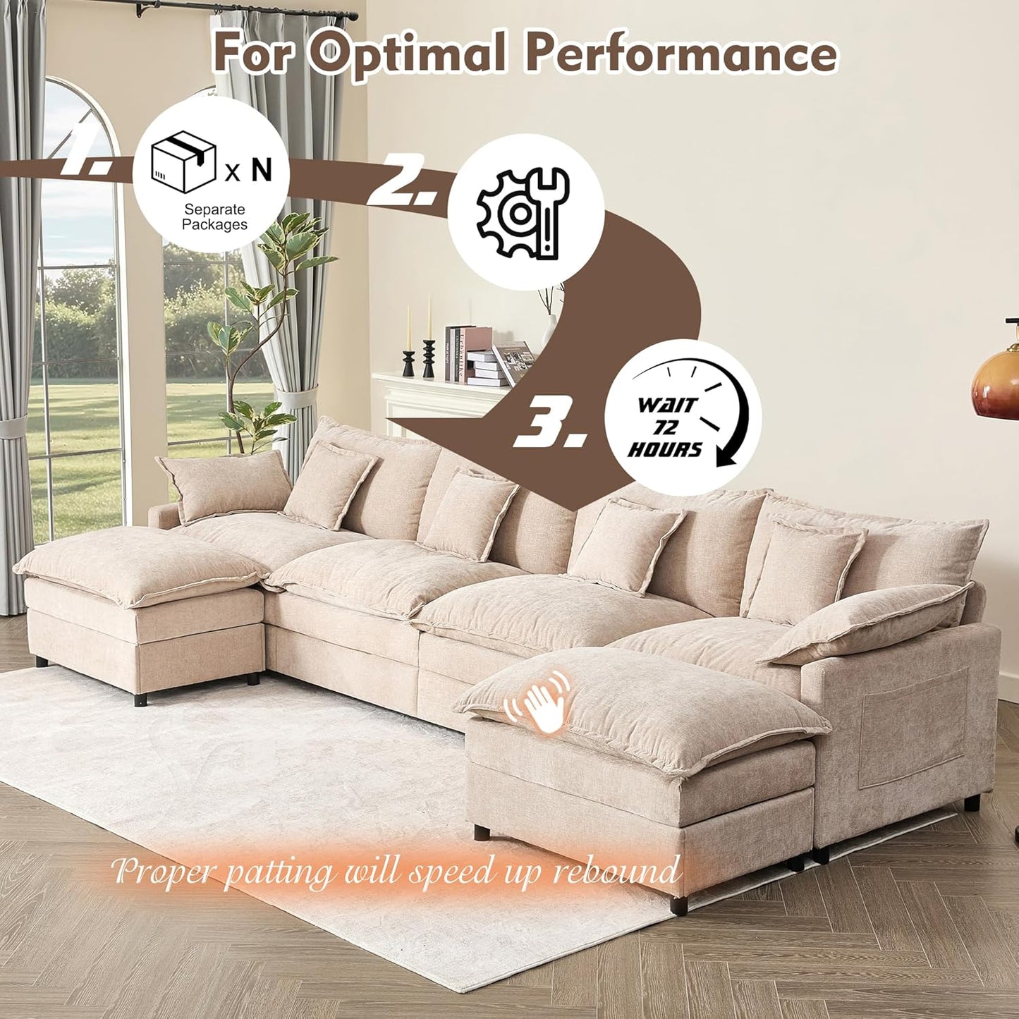 108 In. U Shape Sofa Sectional Sofa Comfortable Cloud Sofa With Removable Footstool