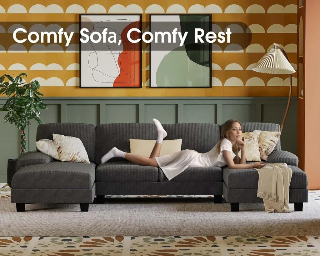 Furmax Sectional Couches For Living Room, U-Shaped Sofa Couch With Linen Fabric, 4 Seat Sofa Set With Double Chaise For Apartment, Fabric, Grey