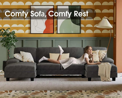 Furmax Sectional Couches For Living Room, U-Shaped Sofa Couch With Linen Fabric, 4 Seat Sofa Set With Double Chaise For Apartment, Fabric, Grey