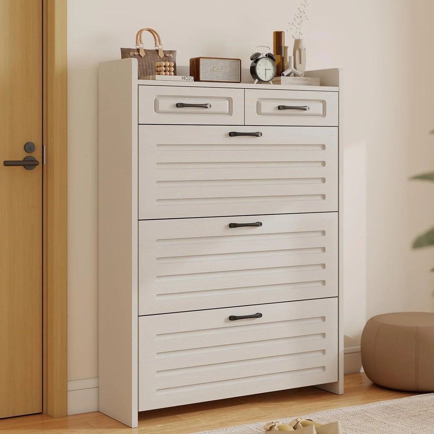 Shoe Cabinet With 3 Large Flip Drawers And 2 Storage Drawers, Narrow Shoe Organizer Cabinet Fits