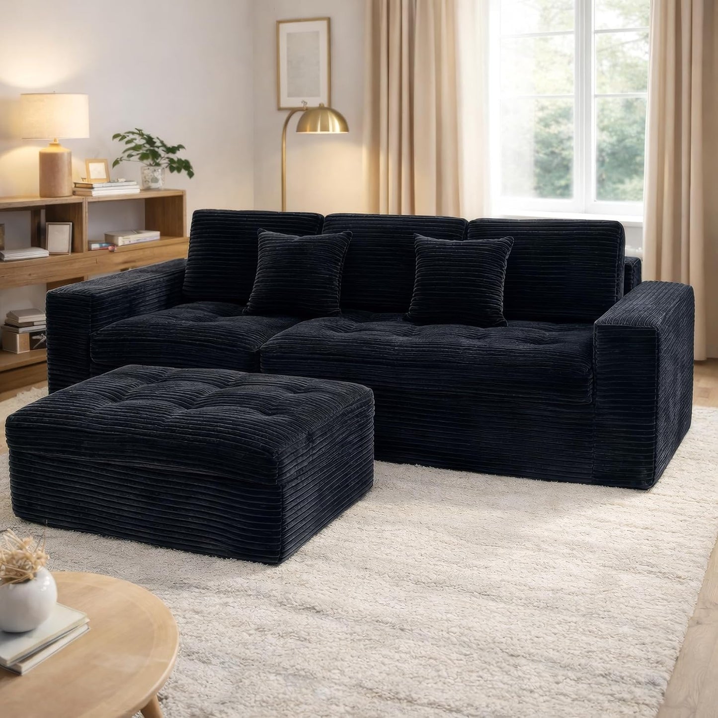 135 In. Oversized Compressed Sectional Sofa- 33D High-Density Foam Cloud Couch With Deep Seat- Minimalist 3-Piece Corduroy Upholstered Boneless