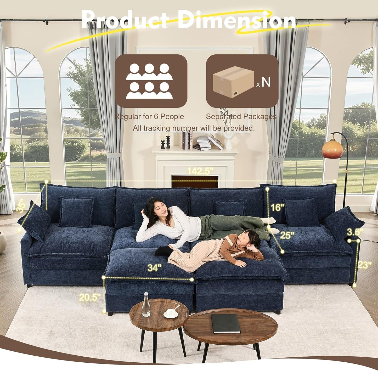 108 In. U Shape Sofa Sectional Sofa Comfortable Cloud Sofa With Removable Footstool