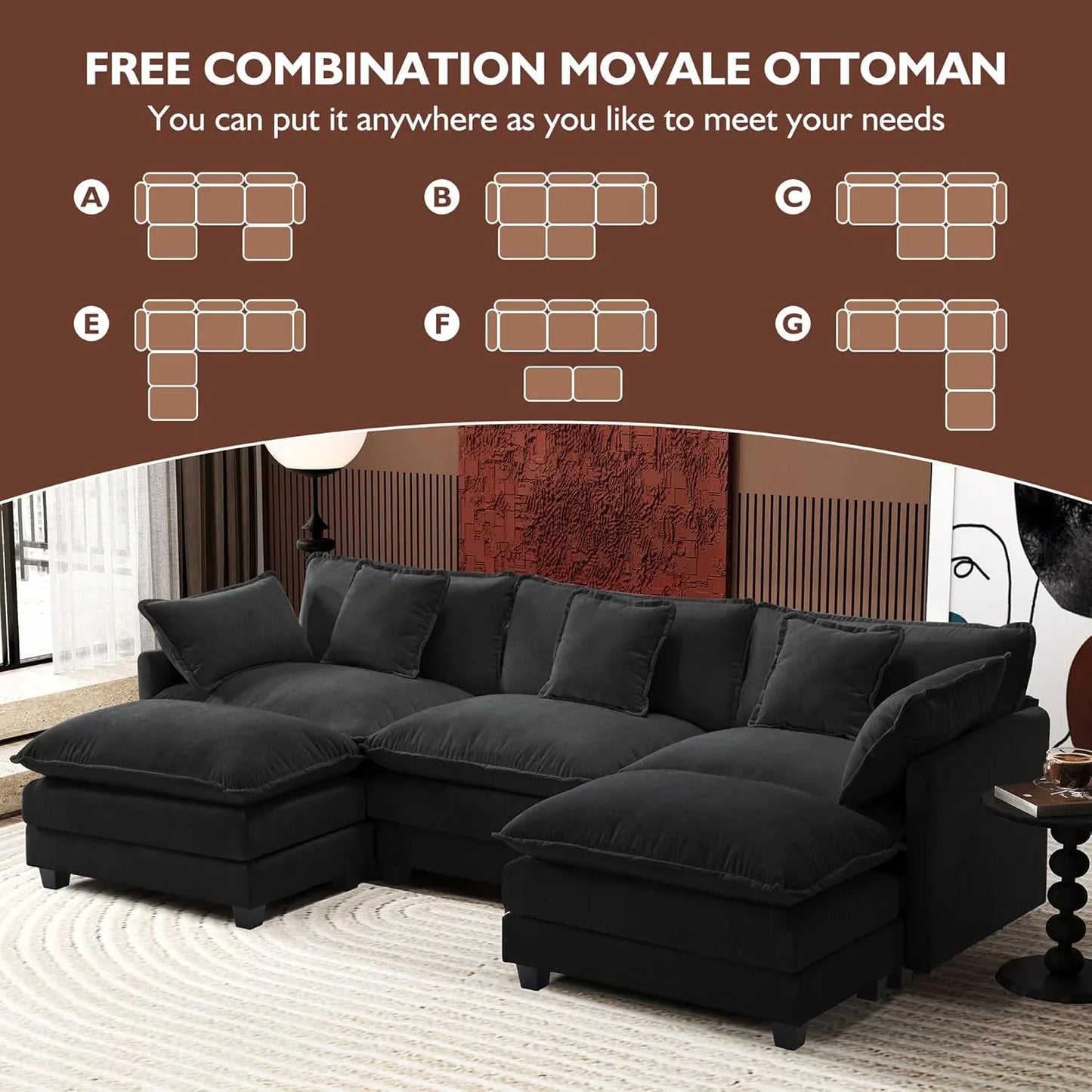 111.4 In. L-Shaped Modern Sofa Modular Cloud Sofa Ottoman 4-Seater Chenille Deep Seat Sofa