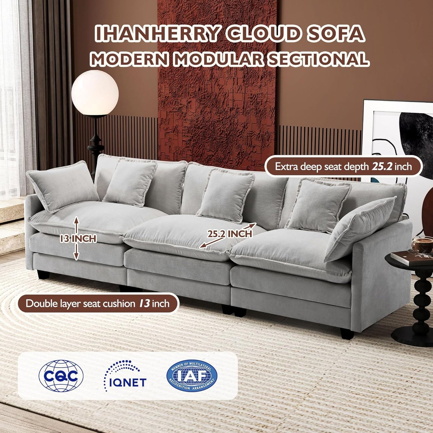 Ihanherry 146 In. U-Shaped Modern Sofa Modular Sectional Cloud Couch With 2 Ottoman