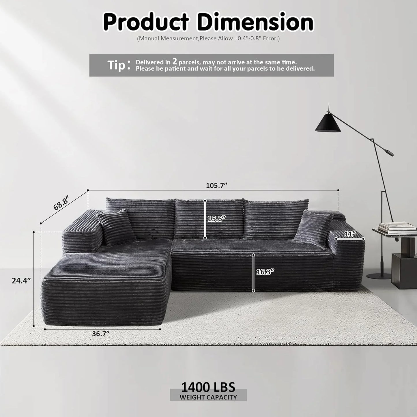 Ovios 104 In. Cloud Sectional Couch With L-Shape Chaise, Modern Modular Sofa With Deep Seat, Upholstered Couches For Living Room Bedroom