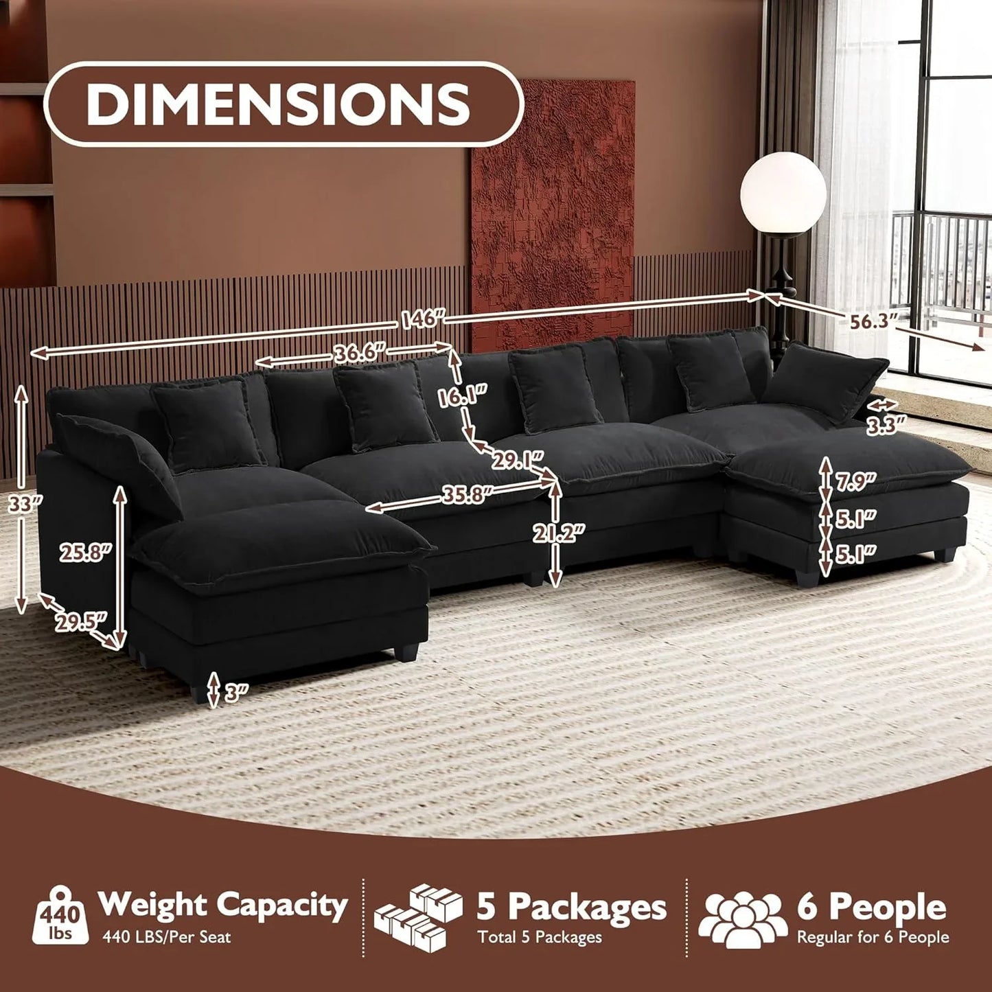 111.4 In. L-Shaped Modern Sofa Modular Cloud Sofa Ottoman 4-Seater Chenille Deep Seat Sofa
